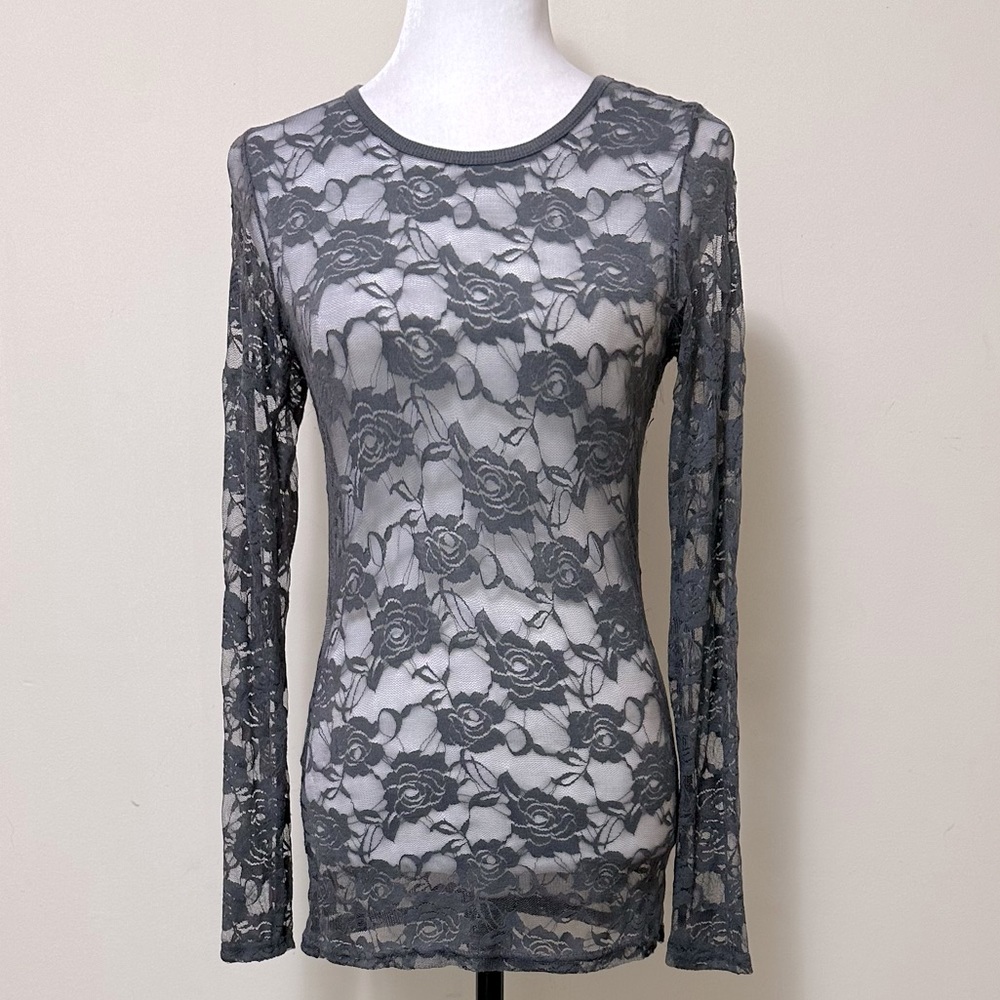 Color Story Sexy Sheer Gray Lace Roses Stretch Top Long Sleeves Pullover Top S/M
